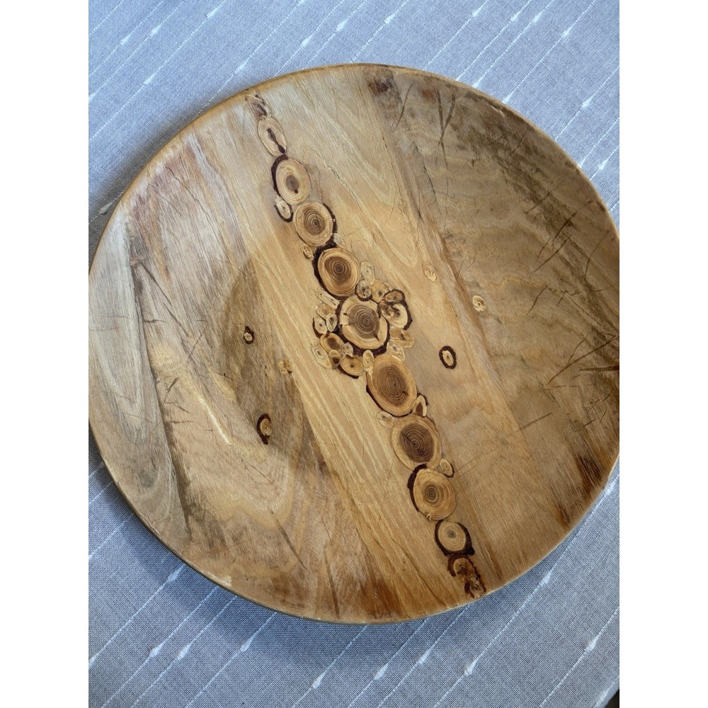 VTG Unique Wooden Serving Bowl Platter Inlaid Wood 13.25" Knotty Wood